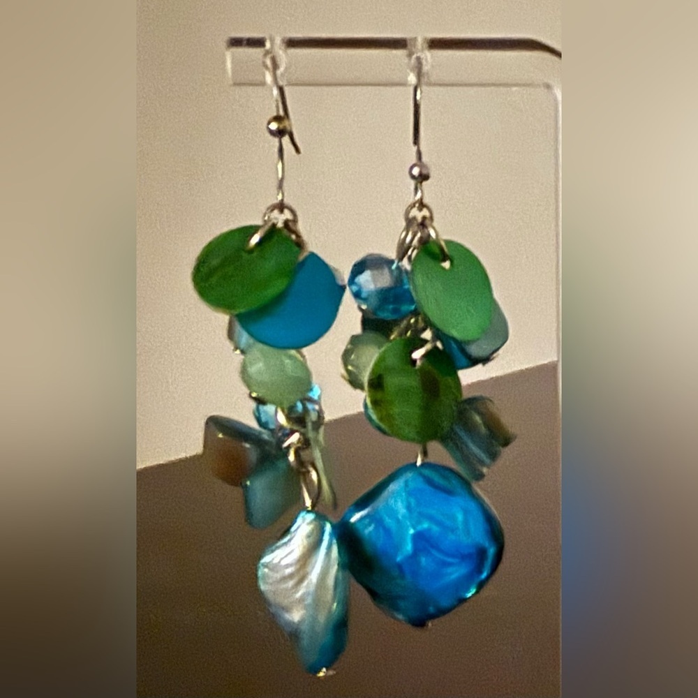 Colorful Teal Abalone & Sea Glass Dangle Earrings | Ocean-Inspired Statement - Picture 3 of 7